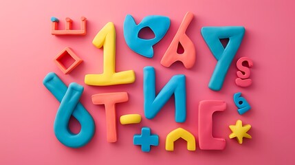 Collection of math figures made by hand from play dough on pink background
