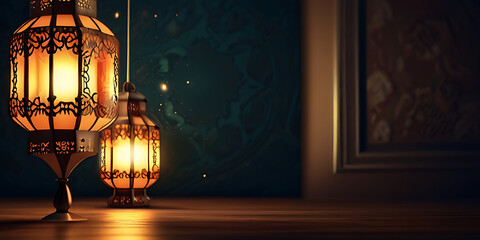 Eid al adha islamic decoration background. moon, lantern and stars