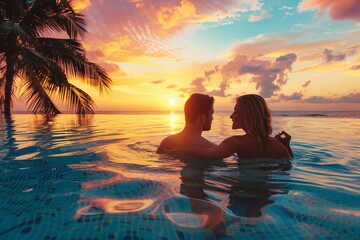 Young Caucasian Couple Enjoying Sunset at Tropical Resort Pool