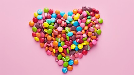 Colorful candies heart shape on pink background