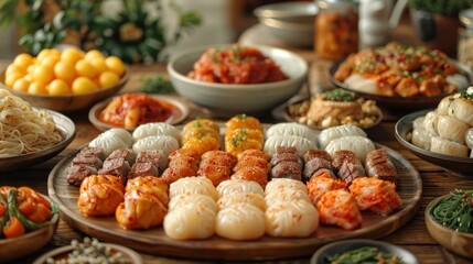 A minimalist celebration of the Korean Chuseok festival, featuring traditional foods and decorations