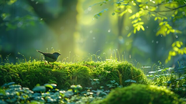 A serene scene where lay gracefully on a bed of verdant green moss, bathed in the gentle glow of sunlight, in the style of innovative pag