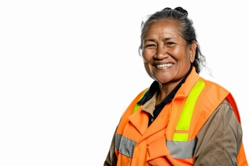 Studio Photography portrait, of a mature polynesian female worker in safety gear . They are happy in their work and smiling.