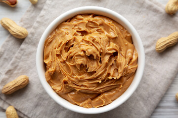 Organic Raw Peanut Butter in a Bowl, top view.