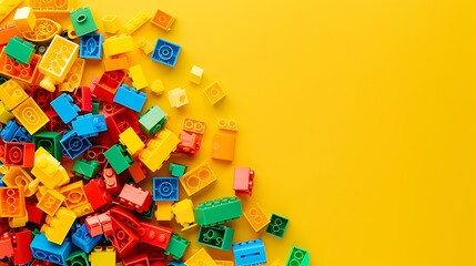 colorful plastic bricks construction on yellow background