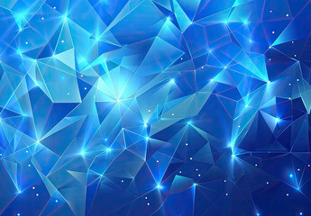 Blue background with glowing blue triangles and lights, vector illustration of geometric shapes in the polygonal style. Created with Ai