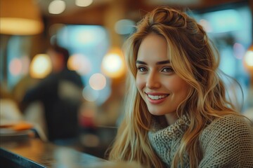 A woman smiling at the camera in a restaurant. - Powered by Adobe