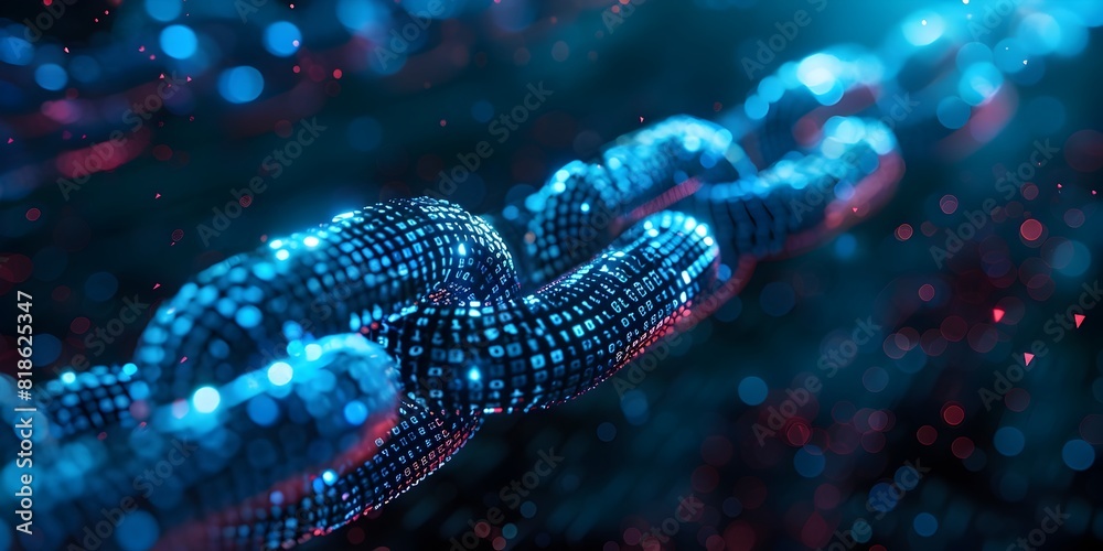 Poster glowing blockchain technology concept with futuristic digital data network and artificial intelligen