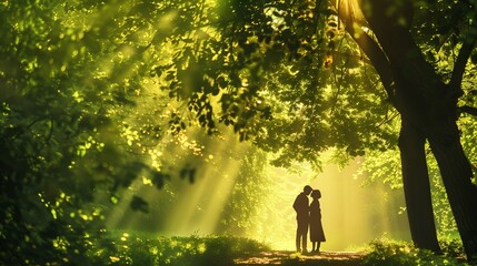 A couple sharing a romantic moment under a canopy of trees, the sunlight filtering through the leaves above.