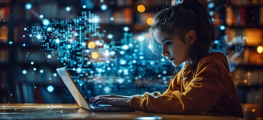 Young Student Exploring Technology in Urban Nightscape Developing Educational Materials with Digital Tools