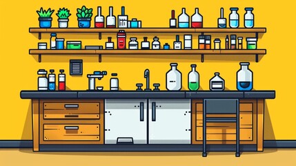 Lab bench in the style of simple line art Use vector lines on a clean background.