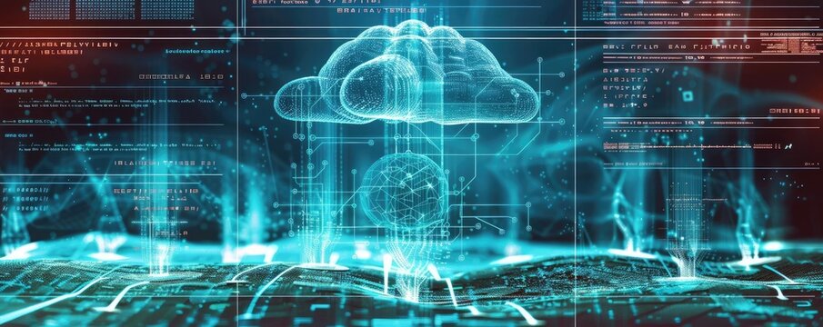 An abstract representation of cloud networking, featuring clouds composed of binary code raining data onto a landscape of networked devices
