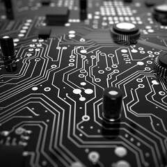 Close up of a printed computer circuit board, PCB, CPU, surface mounted components top down view in black and white.