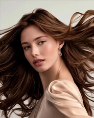 Naklejka premium A woman with long hair blowing in the wind.