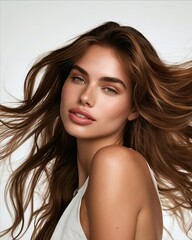 Fototapeta premium A woman with long brown hair blowing in the wind.
