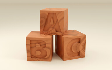 Obraz premium 3D render Illustration of the Word abc in wooden Blocks on light Background