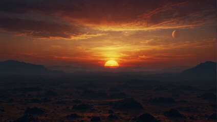 A barren desert landscape with a large sun rising over the horizon.

