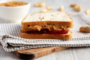 Homemade Peanut Butter and Jelly Sandwich, side view.