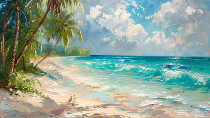 Obraz premium A tropical beach oil painting on canvas, with turquoise waters and swaying palm trees