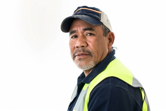 Studio Photography portrait of a male worker approx 60 years old. Polynesian worker, man in uniform 