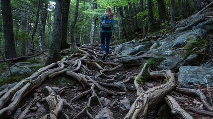 A young traveler hikes through a mystical enchanted forest on a rugged trail surrounded by tree roots.