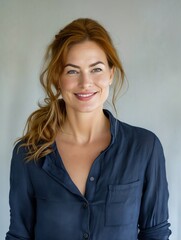 Obraz premium A woman with red hair smiling in a blue shirt.