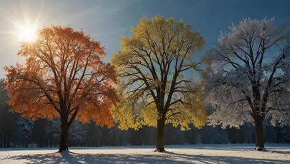 This image shows bare trees in a park with green grass in the foreground and a bright sun shining through them.

