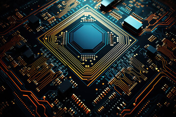 Close up of a printed computer circuit board, PCB, CPU, surface mounted components top down view.