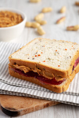 Homemade Peanut Butter and Jelly Sandwich, side view.