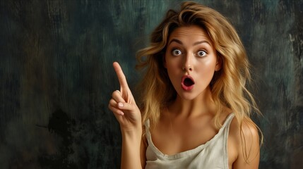 Fototapeta premium A woman is surprised and pointing her finger up.