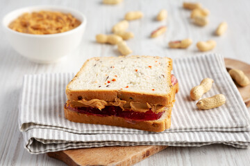 Homemade Peanut Butter and Jelly Sandwich, low angle view.