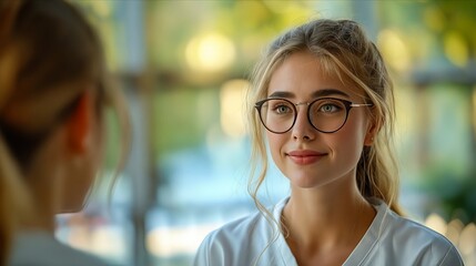 Fototapeta premium A woman with glasses looking at another woman.