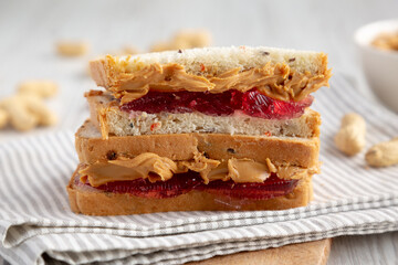 Homemade Peanut Butter and Jelly Sandwich, low angle view. Close-up.