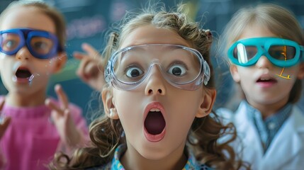 Obraz premium Elementary school children wearing goggles look amazed at an experiment in a biology laboratory.