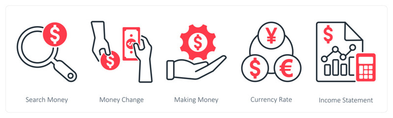 A set of 5 Banking icons as search money, money change, making money