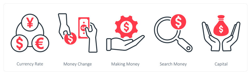 A set of 5 Banking icons as currency rate, money change, money making