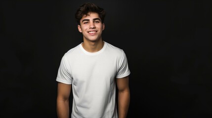 Happy Hispanic Young Man in White T-Shirt Smiling in Front of Black Background