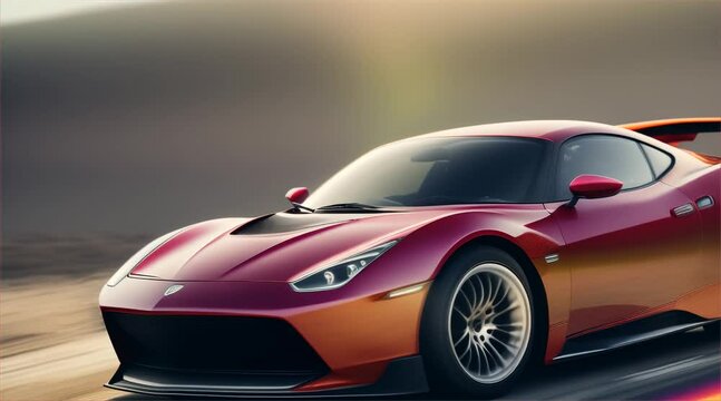 The car is driving down a road with a city in the background. The car is the main focus of the image, and it is a high-performance vehicle.