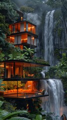 Living room with leather sofas, fireplace and large windows overlooking the rainforest. The atmosphere is thick with fog and waterfalls flow down from high cliffs.