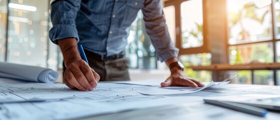 Architect working on blueprint plans in modern office with natural light. Concept of architectural design, creative workspace, project planning.