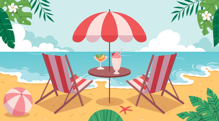 Cartoon tropical landscape with sunbeds overlooking the ocean.Cocktails on the beach. © Irena