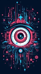 Abstract digital eye with neon circuits and technological elements, futuristic concept in vibrant pink and blue hues on dark background.