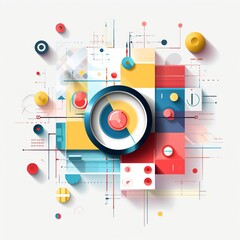 Obraz premium Abstract geometric shapes in vibrant colors, showcasing modern design with circles, squares, and lines on a white background.