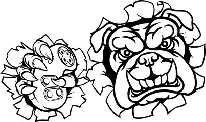 A bulldog dog animal gamer sports mascot holding video games controller breaking through the background with its claws