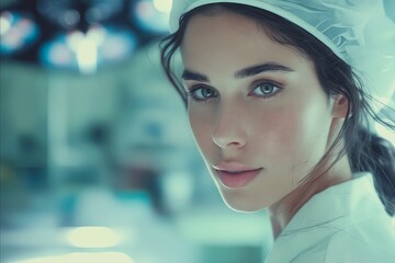 Fototapeta premium A woman in a white lab coat looking at the camera.