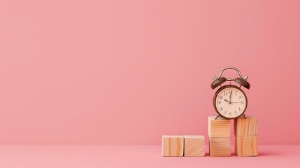 Empty wooden blocks with alarm clock on an pink background