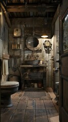 Rustic bathroom interior. With lots of old wood-effect furniture and furnishings to make bathing a cozy experience. Generative AI