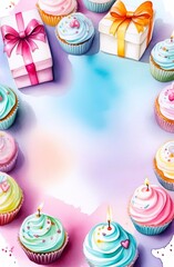 colorful cupcakes and gift boxes against pastel-colored background, vertical banner with copy space. concepts: celebration, birthday, gifting, party, party planning, invitation for festive events