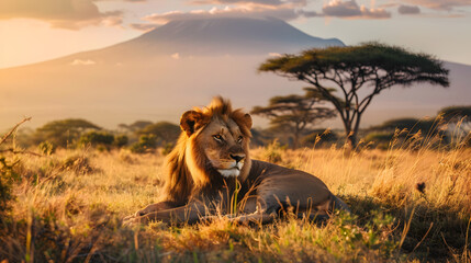  lion lying in the middle of a grassy plain at sunset