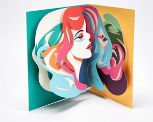 Vibrant paper cut art of a woman's profile with colorful abstract shapes, blending creativity and modern design concepts.